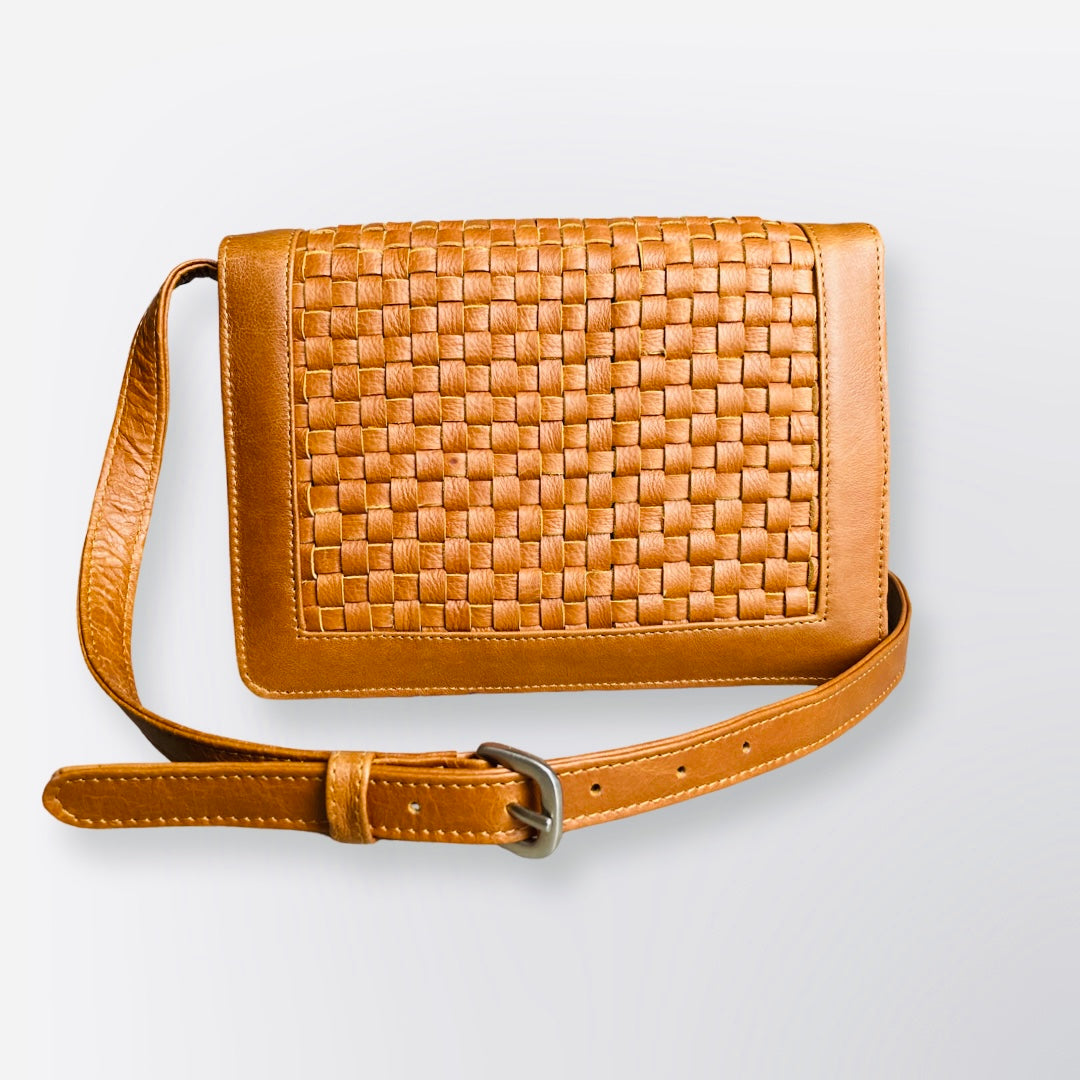Woven Leather Flap Bag Tan