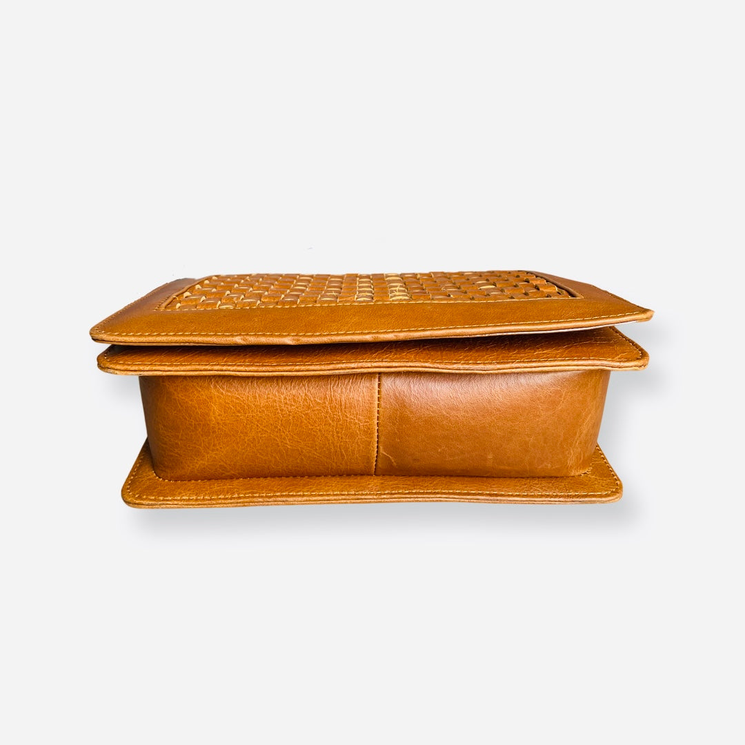 Woven Leather Flap Bag Tan