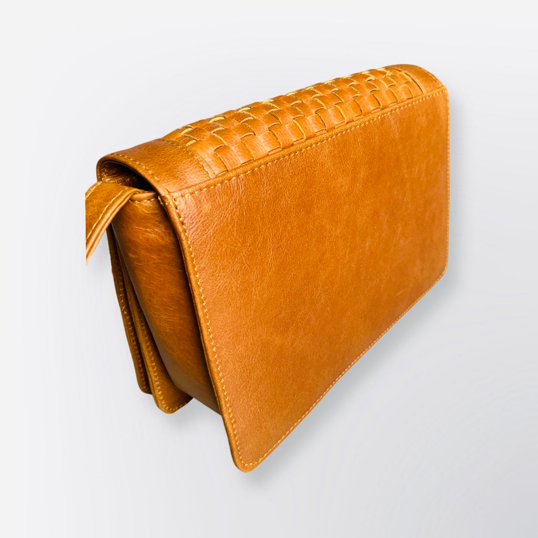 Woven Leather Flap Bag Tan