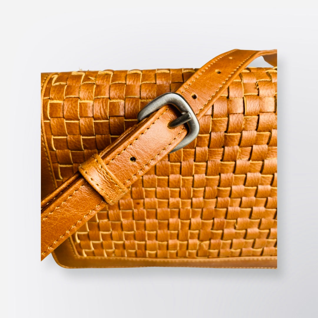 Woven Leather Flap Bag Tan