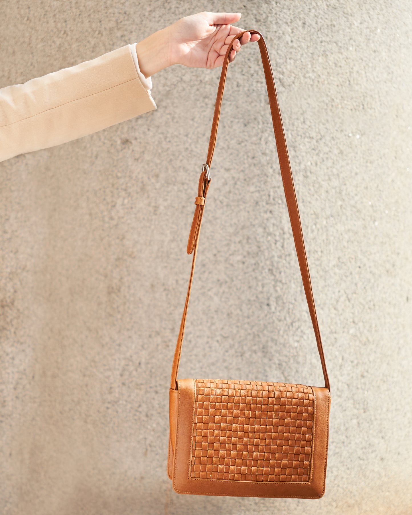 Woven Leather Flap Bag Tan