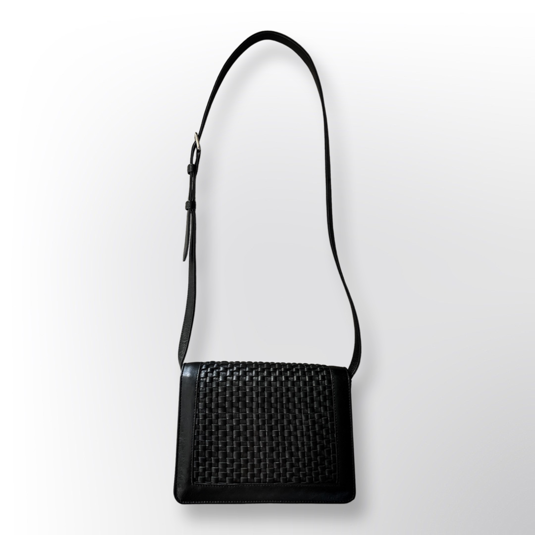 Woven Leather Flap Bag Black