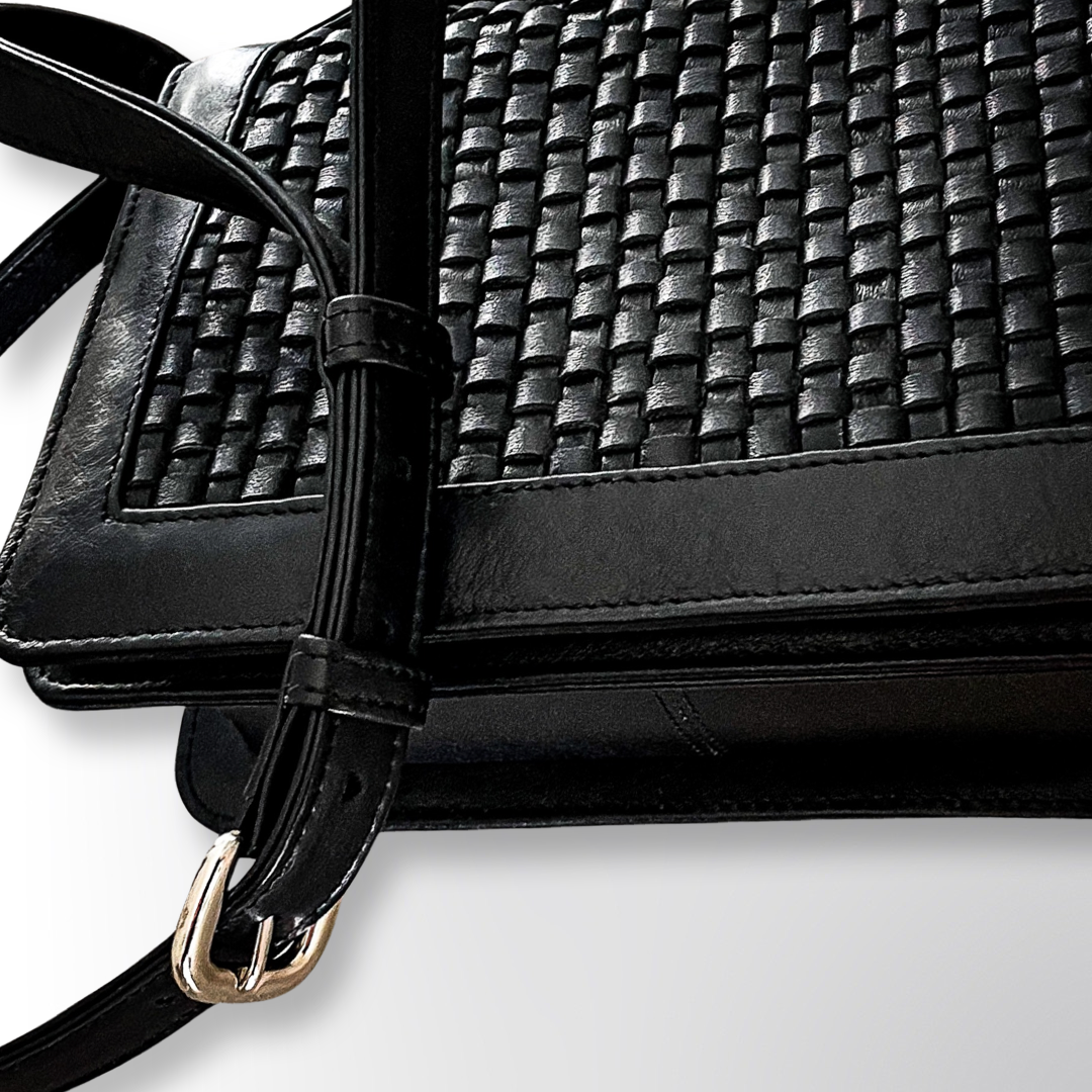 Woven Leather Flap Bag Black